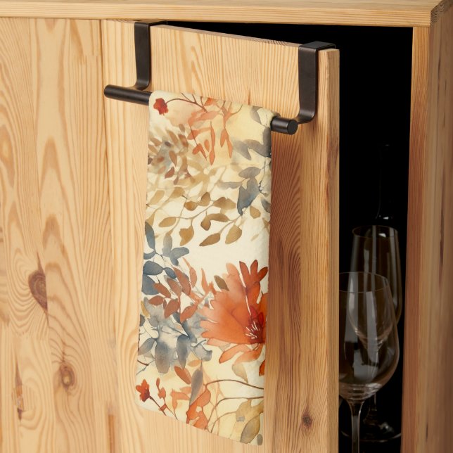 Linge De Cuisine Orange brûlée, Indigo fumé Abstrait Floral (Pliage en tiers)