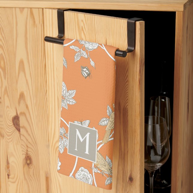 Linge De Cuisine Orange Chinoiserie Floral Monogramme (Pliage en tiers)