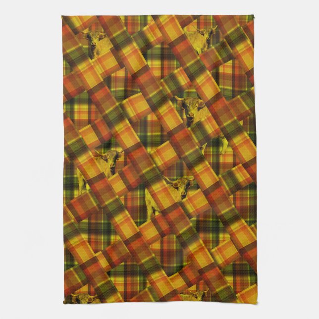 Linge De Cuisine Orange Tartan Highland Cow Design (Vertical)