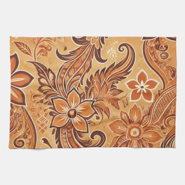 Linge De Cuisine Orange Terracotta Batik Floral Boho Rustique (Horizontal)