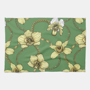 Linge De Cuisine Orchidées et chaînes, jaune et vert kelly