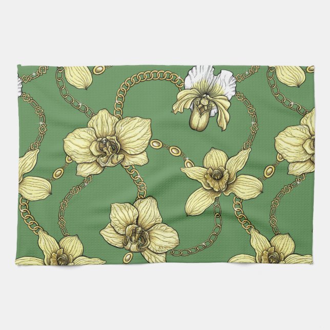 Linge De Cuisine Orchidées et chaînes, jaune et vert kelly (Horizontal)