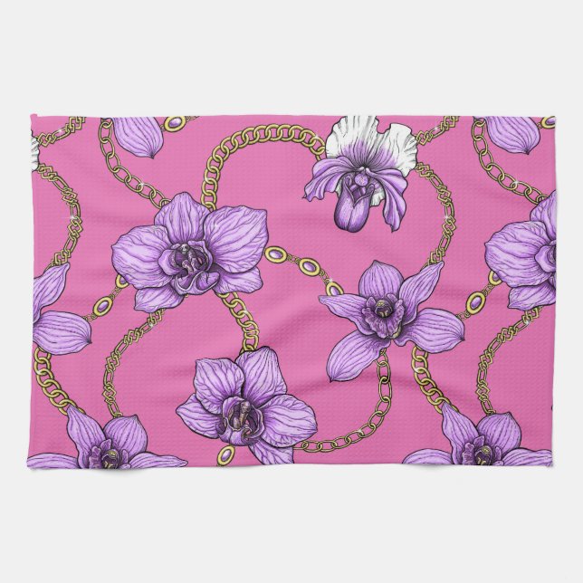 Linge De Cuisine Orchidées et chaînes, violet et rose (Horizontal)