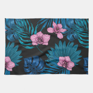 Linge De Cuisine Orchidées et feuilles de palmiers, rose et bleu su