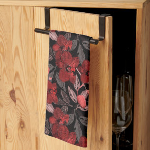 Linge De Cuisine Orchidées rouges sur noir.