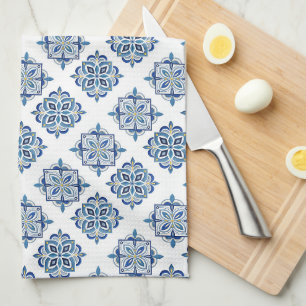 Linge De Cuisine Ornement brodé bleu sur blanc