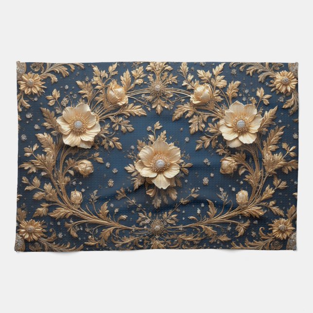 Linge De Cuisine Ornement floral doré (Horizontal)