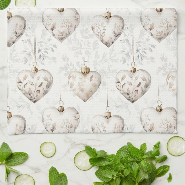 Linge De Cuisine Ornements coeurs gris crème chic   (Plié)