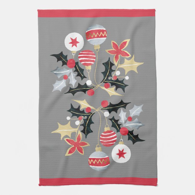 Linge De Cuisine Ornements modernes Rouge Or & Argent Gris (Vertical)