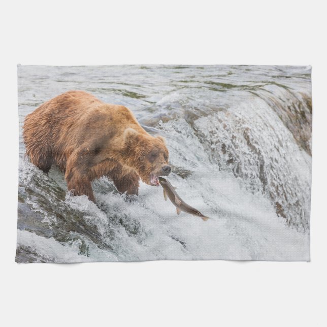Linge De Cuisine Ours brun attrape un saumon rouge (Horizontal)