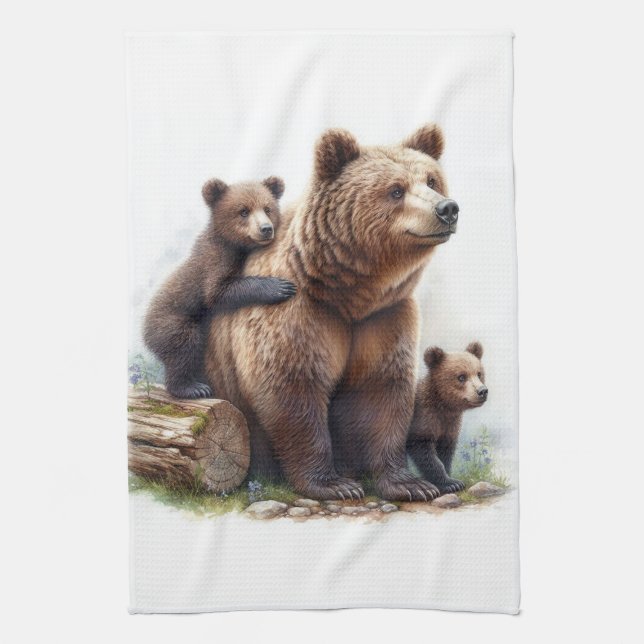 Linge De Cuisine Ours brun avec deux oursons (Vertical)