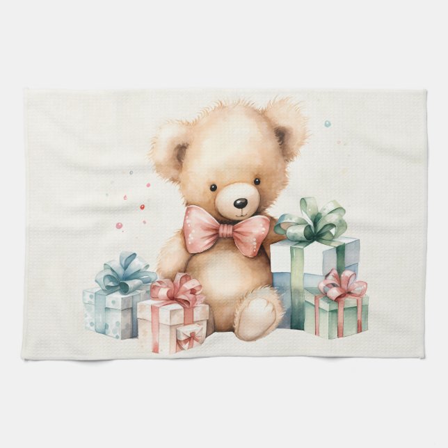 Linge De Cuisine Ours en peluche mignonne avec cadeaux de Noël (Horizontal)