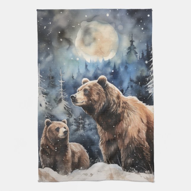 Linge De Cuisine Ours Grizzly et bébé (Vertical)