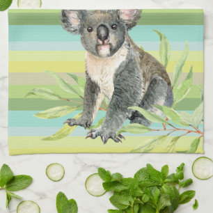 Linge De Cuisine Ours Koala mignon sur vert rayé bg nom personnalis