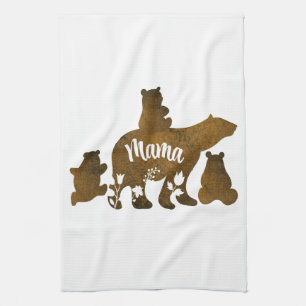Linge De Cuisine Ours Mama Avec 3 Bébés Ours Cubs Après Maman