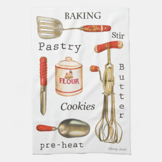 Linge De Cuisine Outils de cuisson vintages à main rouge sur servie