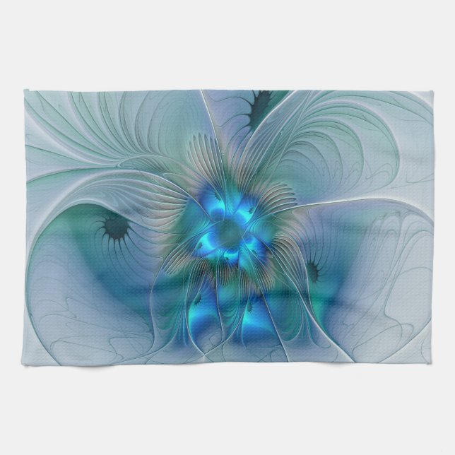 Linge De Cuisine Ovations debout, fractale abstraite bleu turquoise (Horizontal)