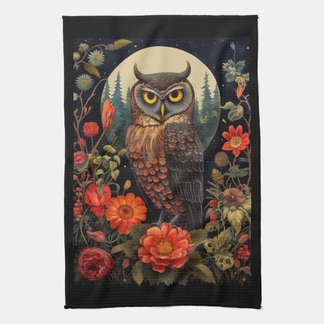 Linge De Cuisine Owl at Night with a Full Moon (Vertical)