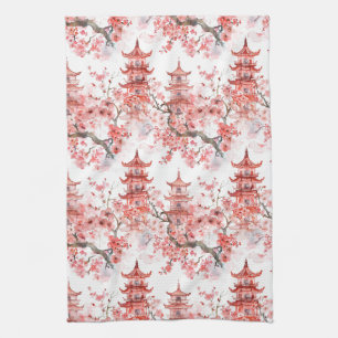 Linge De Cuisine Pagode asiatique vintage Fleurs roses Art Scénique