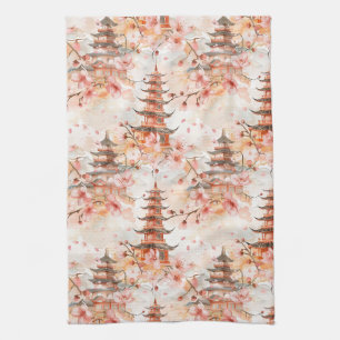 Linge De Cuisine Pagode chinoise à l'aquarelle avec fleurs de ceris