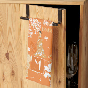 Linge De Cuisine Pagode de la Chinoiserie orange Monogramme