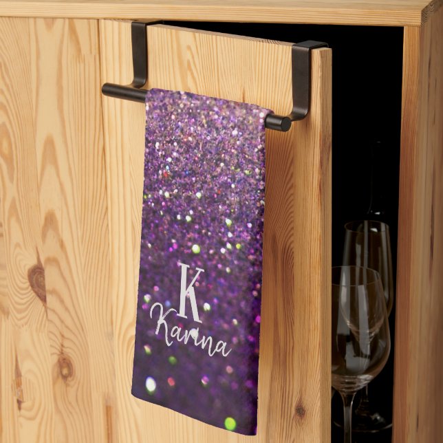 Linge De Cuisine Pailleté scintillant violet argent monogrammé (Pliage en tiers)