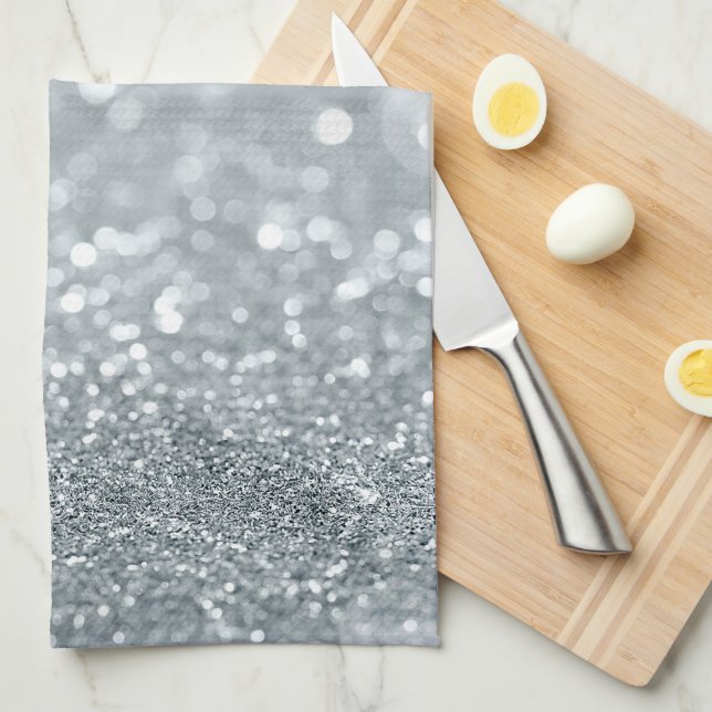 Linge De Cuisine Paillettes argentées blanches Bokeh Glamour Tendan (Quart Plié)