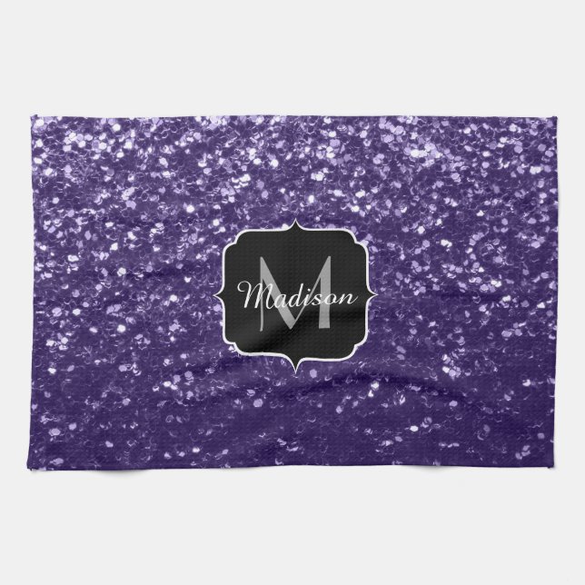 Linge De Cuisine Paillettes de violet ultra foncé en monogramme (Horizontal)