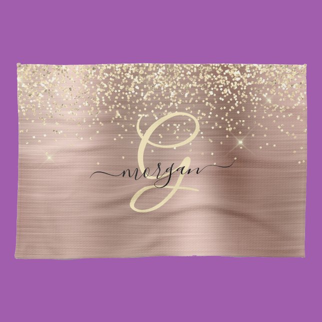 Linge De Cuisine Paillettes dorées, monogramme doré, nom en script  (Créateur téléchargé)