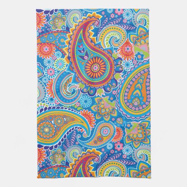 Linge De Cuisine Paisley bleu, rouge, orange et jaune (Vertical)