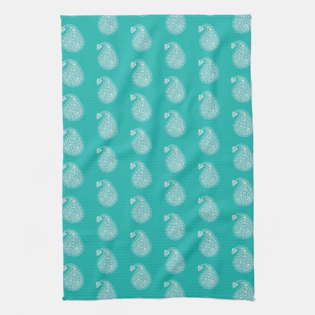 Linge De Cuisine Paisley perse - blanc sur turquoise (Vertical)