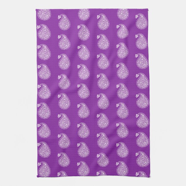 Linge De Cuisine Paisley perse - blanc sur violet (Vertical)