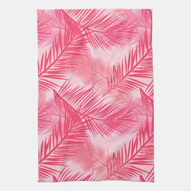 Linge De Cuisine Palm Leaf Print, Fuchsia, Coral et Pastel Pink (Vertical)