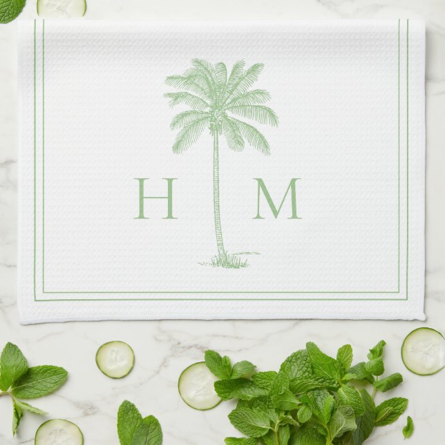 Linge De Cuisine Palmier blanc et vert côtier Monogramme de palmier (Plié)
