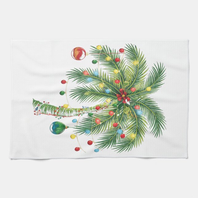 Linge De Cuisine Palmier de Noël tropical avec lumières et ornam (Horizontal)