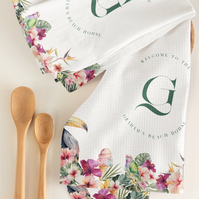 Linge De Cuisine Palmier Floral Tropical Monogram Beach House (Créateur téléchargé)