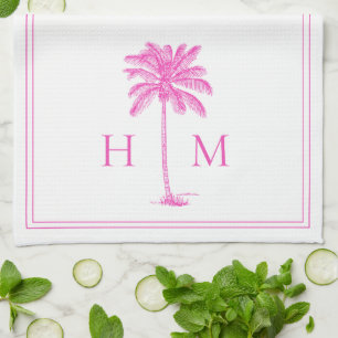 Linge De Cuisine Palmier rose et blanc du littoral Monogramme de pa