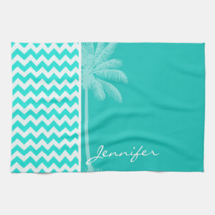 Linge De Cuisine Palmier Tropical; Aqua Color Chevron