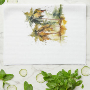 Linge De Cuisine Palmiers verts avec noix de coco aquarelle tropiqu
