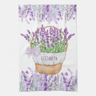 Linge De Cuisine Panier de fleurs de lavande avec monogramme vert v