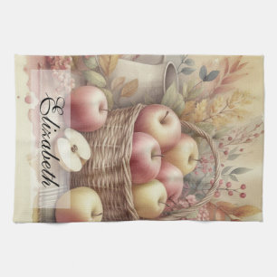 Linge De Cuisine Panier de pommes sur la table aquarelle vintage