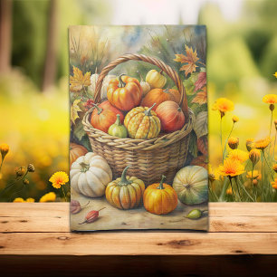 Linge De Cuisine Panier en osier avec citrouilles automne