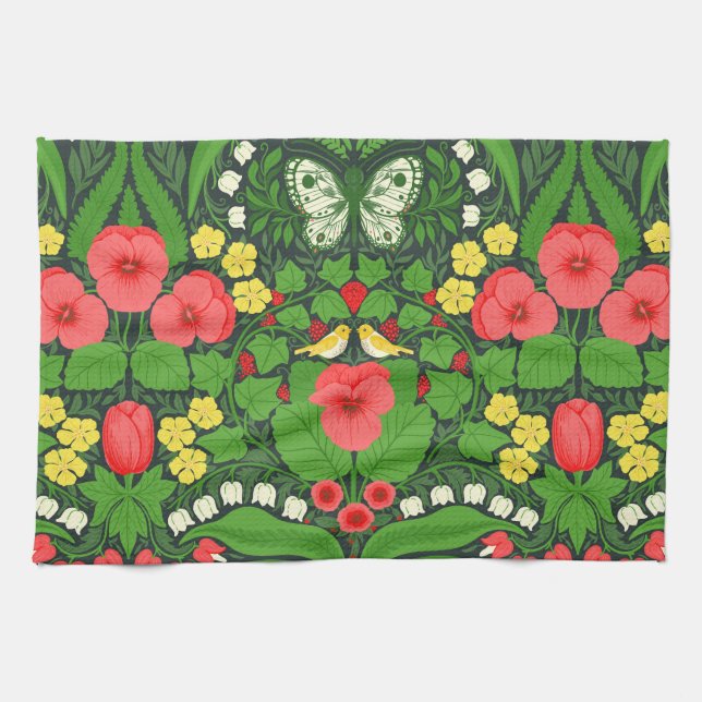 Linge De Cuisine Pansies rouges, oiseaux et papillons (Horizontal)
