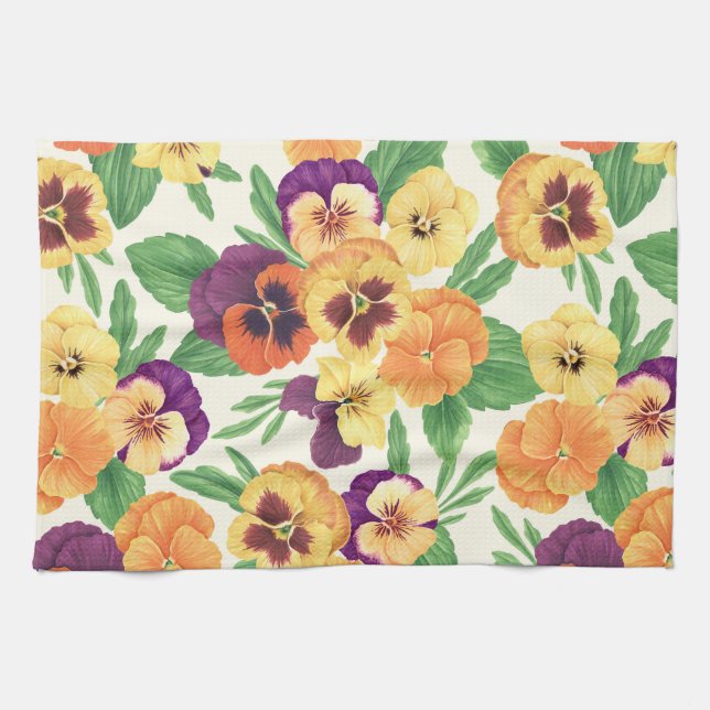 Linge De Cuisine Pansies sur blanc cassé (Horizontal)