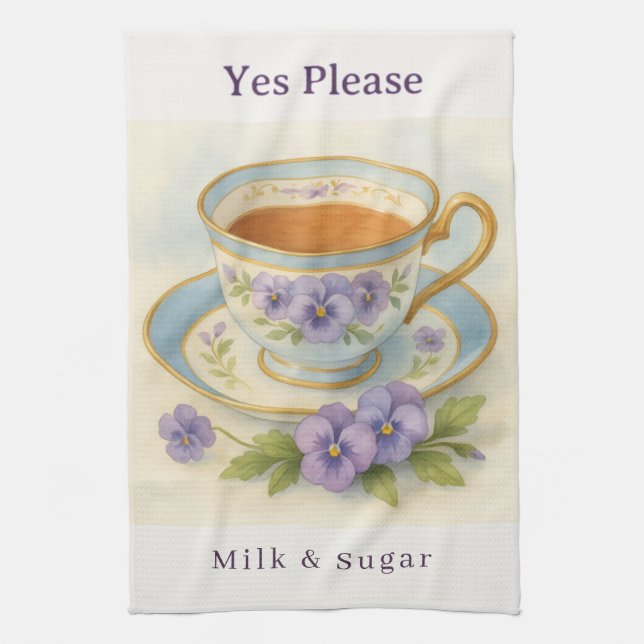 Linge De Cuisine Pansy Teacup Tea Towel | Yes Please Milk & Sugar (Vertical)