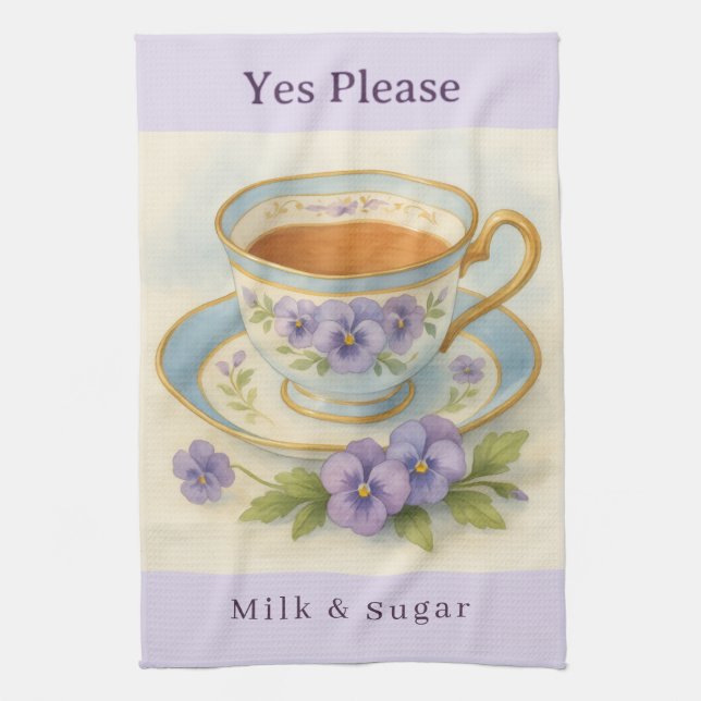 Linge De Cuisine Pansy Teacup Tea Towel | Yes Please Milk & Sugar (Vertical)