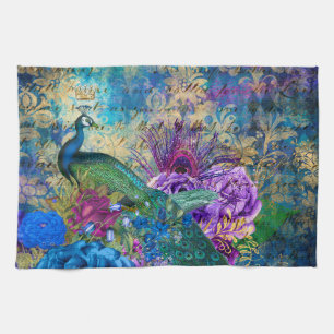 Linge De Cuisine Paon et fleurs illustrés antiques grunge