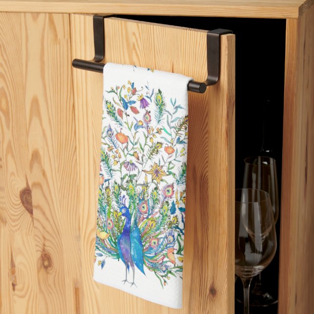 Linge De Cuisine Paon floral aquarelle  (Pliage en tiers)
