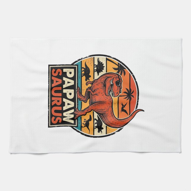Linge De Cuisine Papawsaurus Rétro Dinosaure Coucher de Soleil Vect (Horizontal)