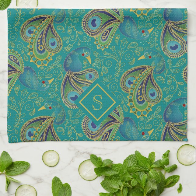 Linge De Cuisine Papier Peacock Royal Sarcelle Monogramme (Plié)